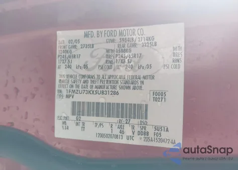 2005 Ford Explorer Xlt/Xlt Sport из США, поврежденный, VIN 1FMZU73KX5UB31286